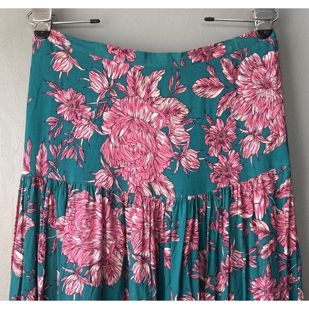 Abel The Label Drop Waist Skirt Size Large Teal Pink Floral Maxi Resort Summer - Picture 3 of 13